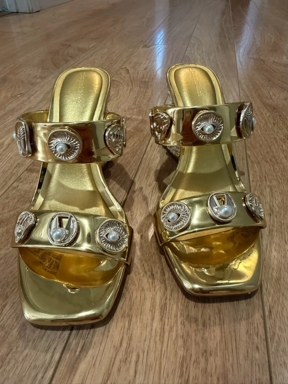 Gianni Bini Gold Pearl Ornament Slide Sandals - Picture 5 of 10